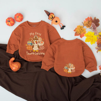 My First Thanksgiving Bubble Romper Baby Boys Girls Outfit Retro Fall Patchwork Turkey Bodysuit for Baby's Special Day Thanksgiving Gift