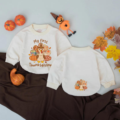 My First Thanksgiving Bubble Romper Baby Boys Girls Outfit Retro Fall Patchwork Turkey Bodysuit for Baby's Special Day Thanksgiving Gift