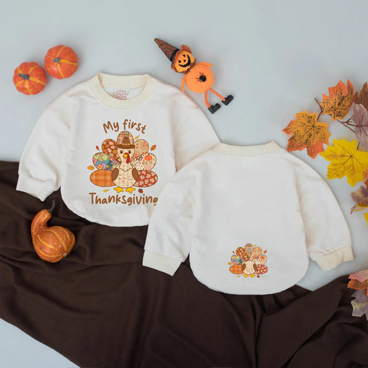 My First Thanksgiving Bubble Romper Baby Boys Girls Outfit Retro Fall Patchwork Turkey Bodysuit for Baby's Special Day Thanksgiving Gift