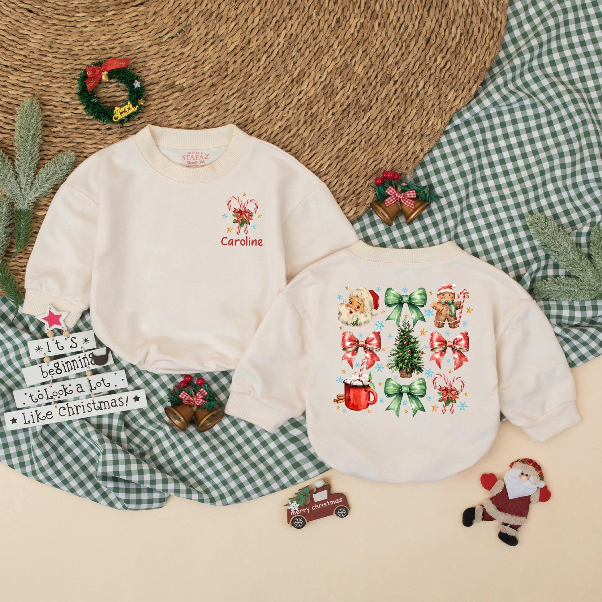 Caroline Custom Christmas Bow Romper, Vintage Baby Girl Bodysuit, Red Holiday Outfit, Xmas Snowflakes Gift, Baby Girl First Christmas Clothes (139 chars)