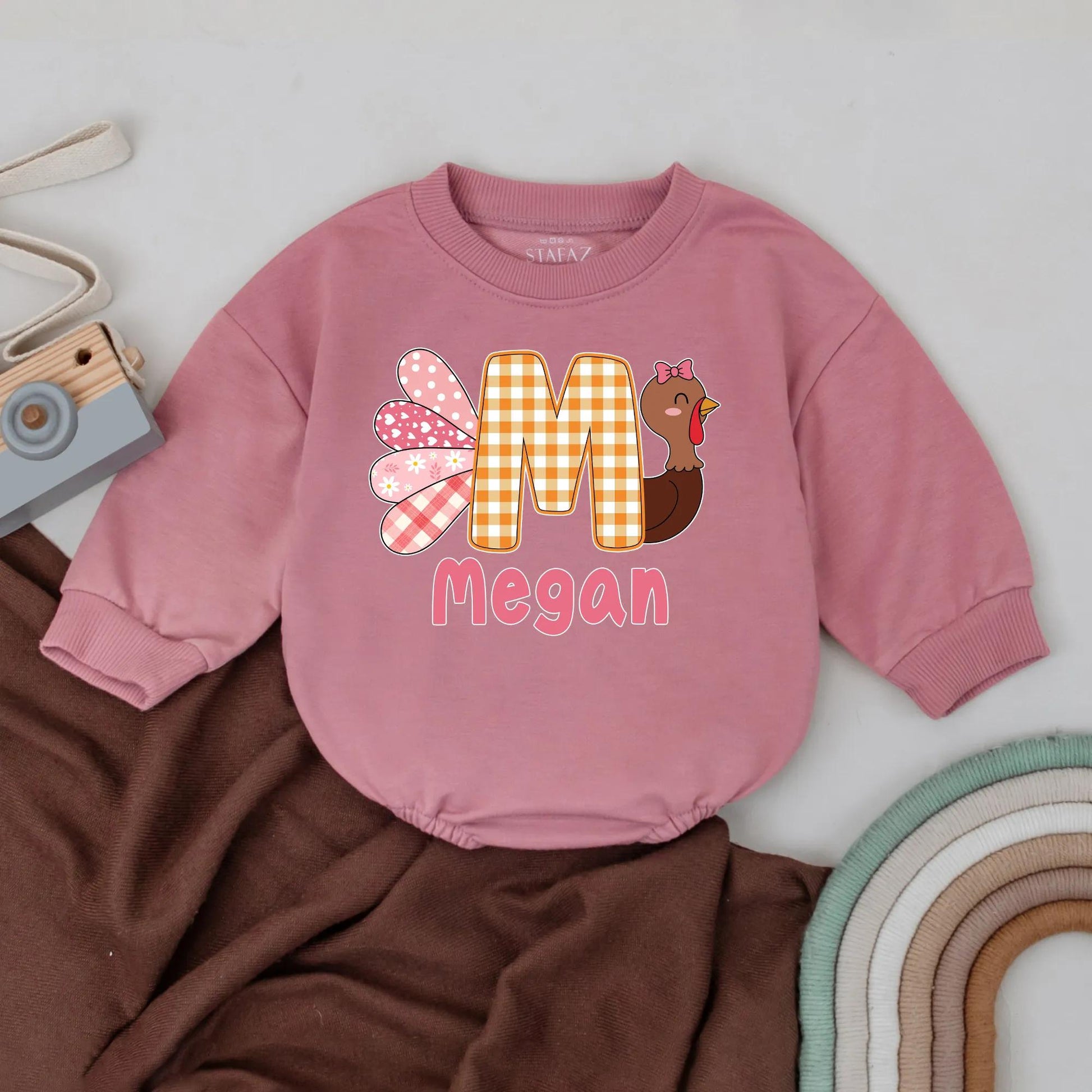 Personalized Thanksgiving Funny Little Turkey Name Romper Baby Boys Girls Retro Fall Outfit Whimsical Patchwork Bodysuit Orange Plaid 'M' Cap