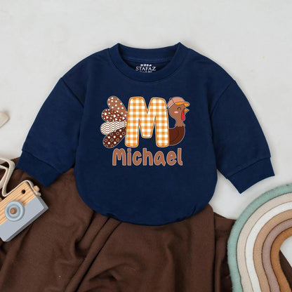 Personalized Thanksgiving Funny Little Turkey Name Romper Baby Boys Girls Retro Fall Outfit Whimsical Patchwork Bodysuit Orange Plaid 'M' Cap