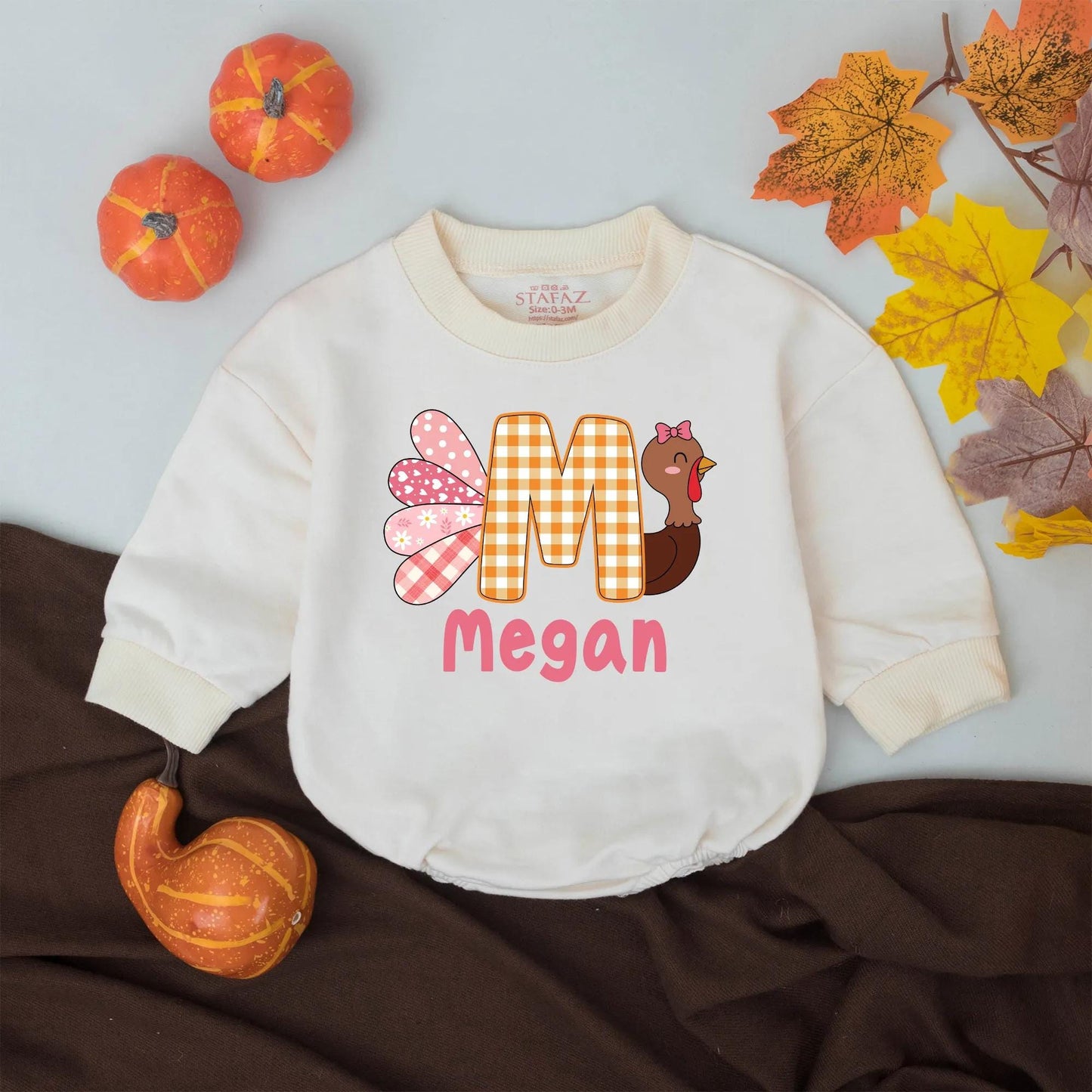 Personalized Thanksgiving Funny Little Turkey Name Romper Baby Boys Girls Retro Fall Outfit Whimsical Patchwork Bodysuit Orange Plaid 'M' Cap