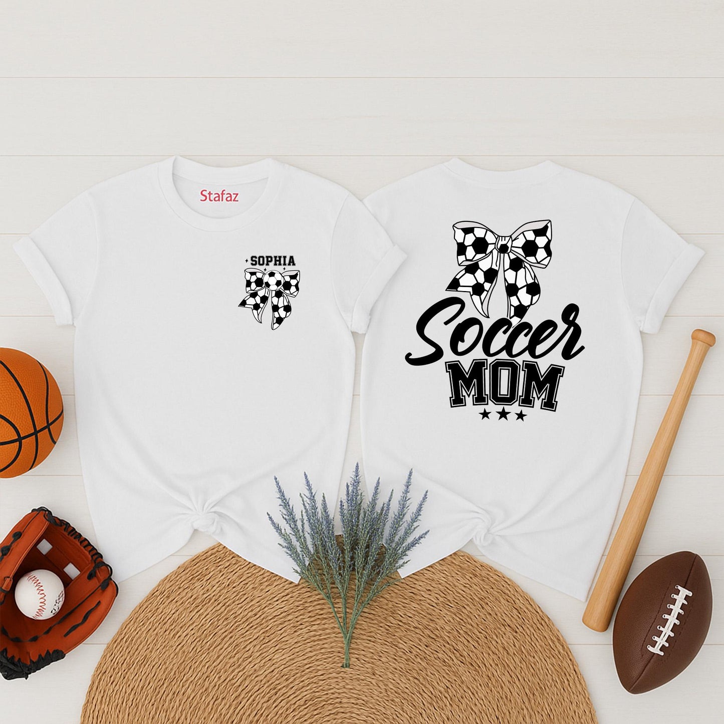 Custom Sophia Soccer Mom Shirt with Bow, Personalized Soccer Mama Tee for Game Day, Cute Sports Supporter Top with Name, Soccer Gift for Moms (139 chars)