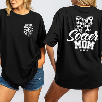 Custom Sophia Soccer Mom Shirt with Bow, Personalized Soccer Mama Tee for Game Day, Cute Sports Supporter Top with Name, Soccer Gift for Moms (139 chars)