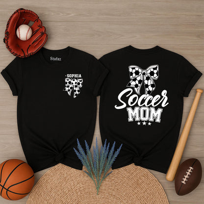 Custom Sophia Soccer Mom Shirt with Bow, Personalized Soccer Mama Tee for Game Day, Cute Sports Supporter Top with Name, Soccer Gift for Moms (139 chars)