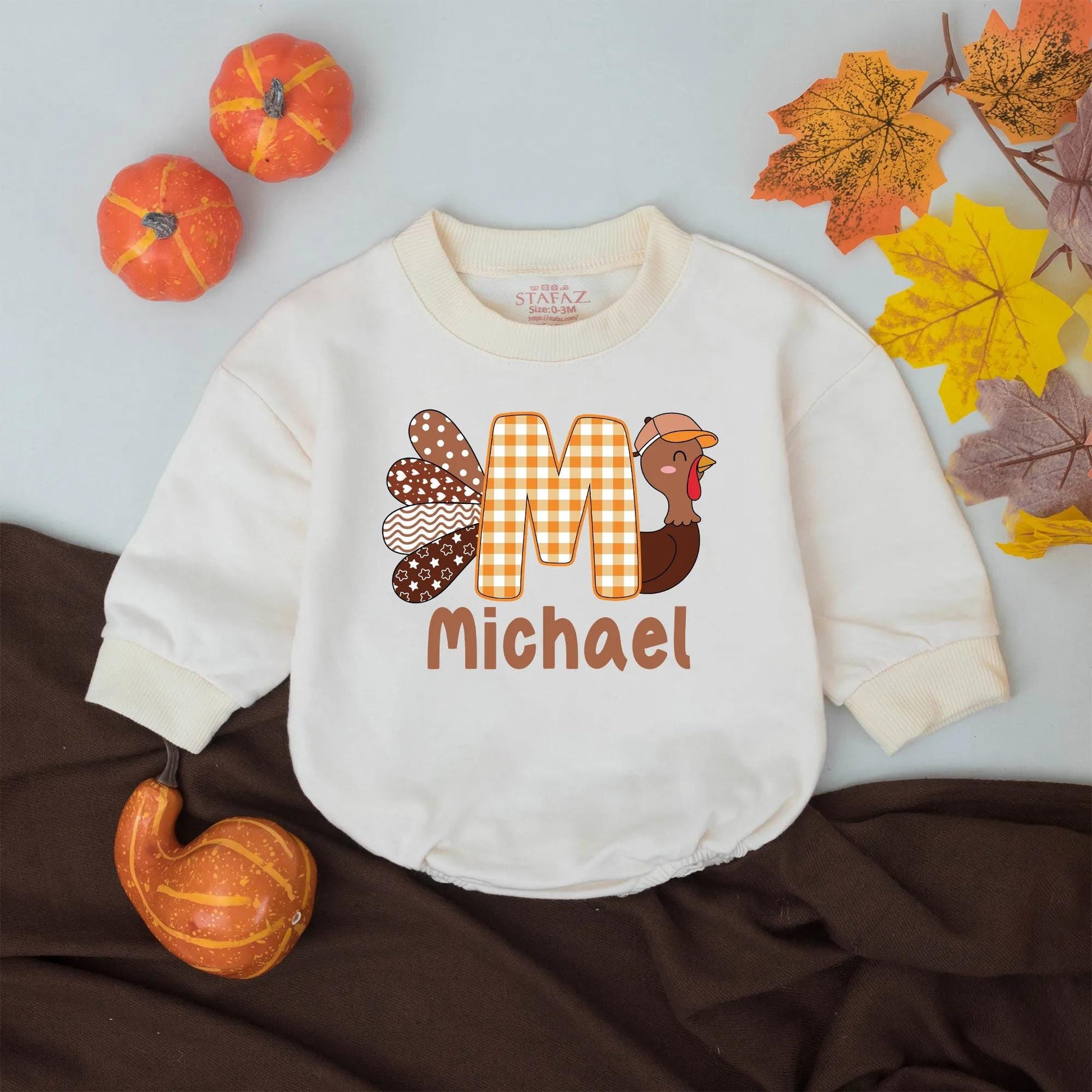 Personalized Thanksgiving Funny Little Turkey Name Romper Baby Boys Girls Retro Fall Outfit Whimsical Patchwork Bodysuit Orange Plaid 'M' Cap