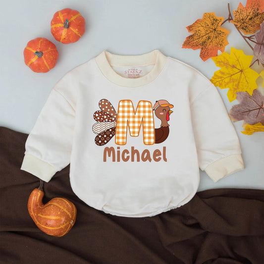 Personalized Thanksgiving Funny Little Turkey Name Romper Baby Boys Girls Retro Fall Outfit Whimsical Patchwork Bodysuit Orange Plaid 'M' Cap