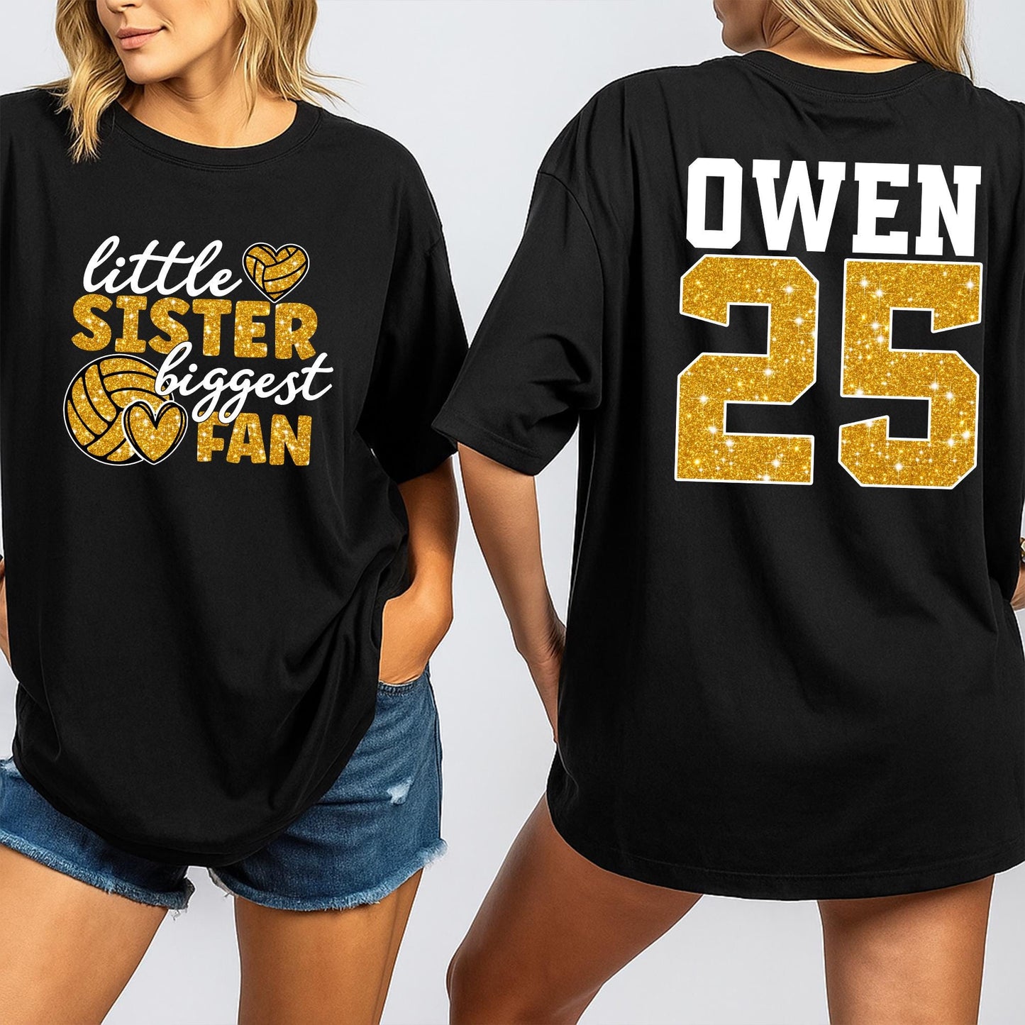 Custom Name Number Little Sister Biggest Fan Volleyball Shirts Matching Family Game Day Shimmery Gold Glitter Heart Graphic Tee