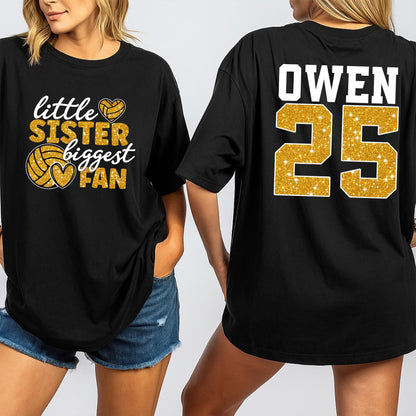 Custom Name Number Little Sister Biggest Fan Volleyball Shirts Matching Family Game Day Shimmery Gold Glitter Heart Graphic Tee