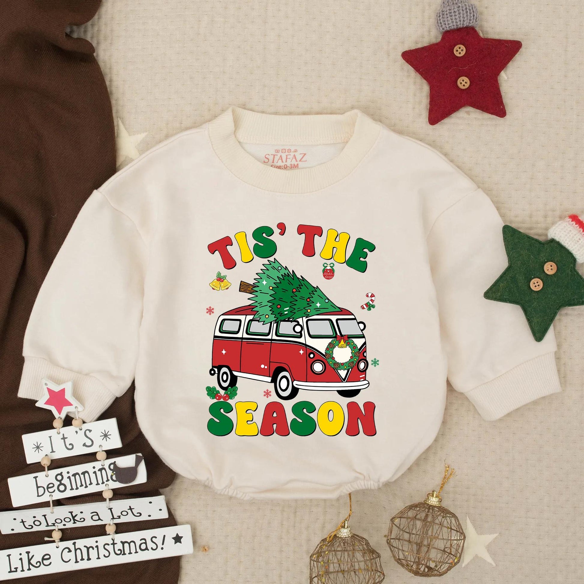 Tis The Season Retro Red Truck Baby Romper, Groovy Christmas Outfit Infant Clothes, Festive Holiday Toddler Boy Gift, Cute Winter Van Clothes 135char