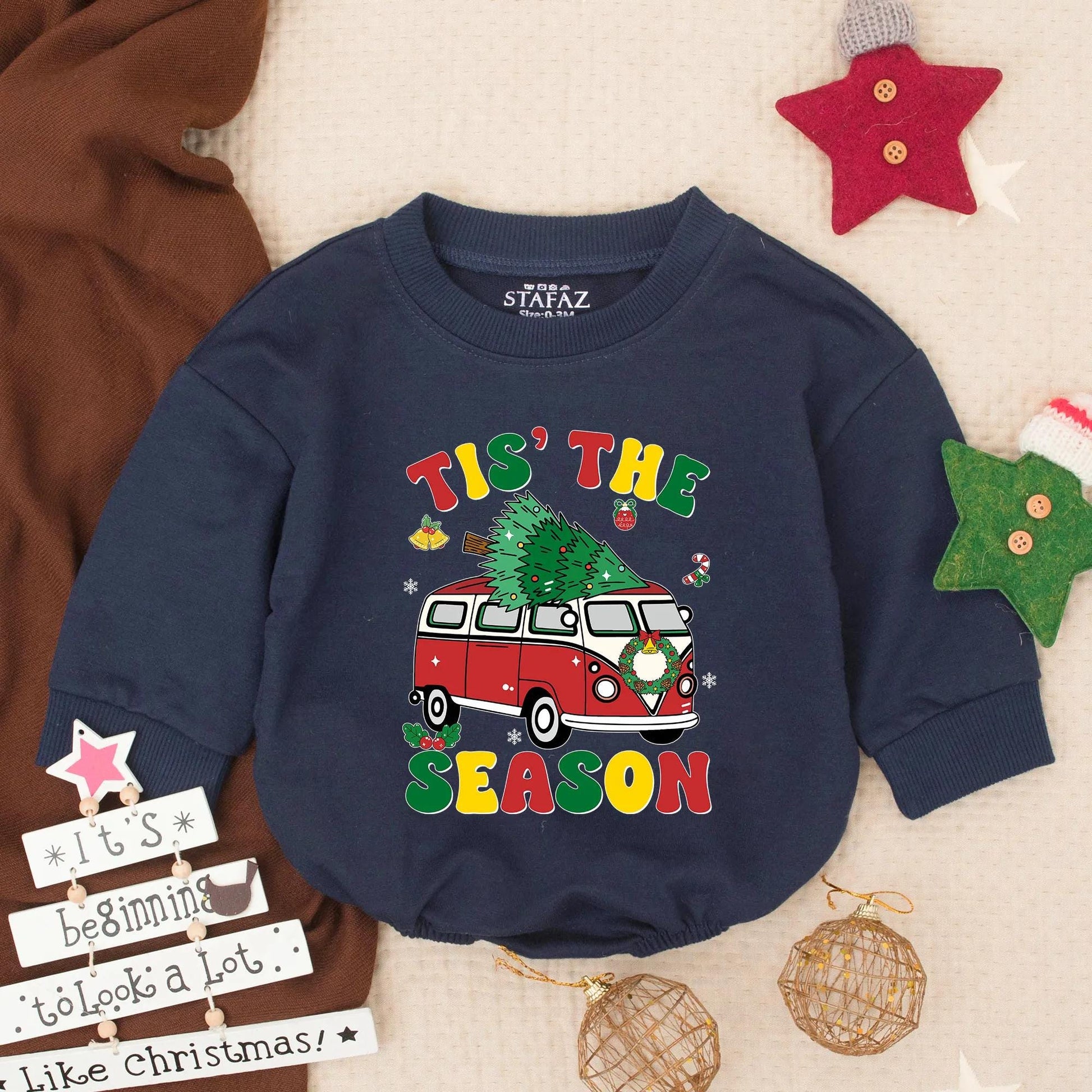 Tis The Season Retro Red Truck Baby Romper, Groovy Christmas Outfit Infant Clothes, Festive Holiday Toddler Boy Gift, Cute Winter Van Clothes 135char