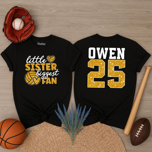 Custom Name Number Little Sister Biggest Fan Volleyball Shirts Matching Family Game Day Shimmery Gold Glitter Heart Graphic Tee