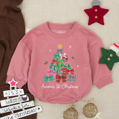 Aurora's 1st Christmas Romper: Festive Baby Girl Outfit with Bow Tree, Personalized First Xmas Gift, Holiday Bodysuit, Infant Clothes, Cute Newborn Present