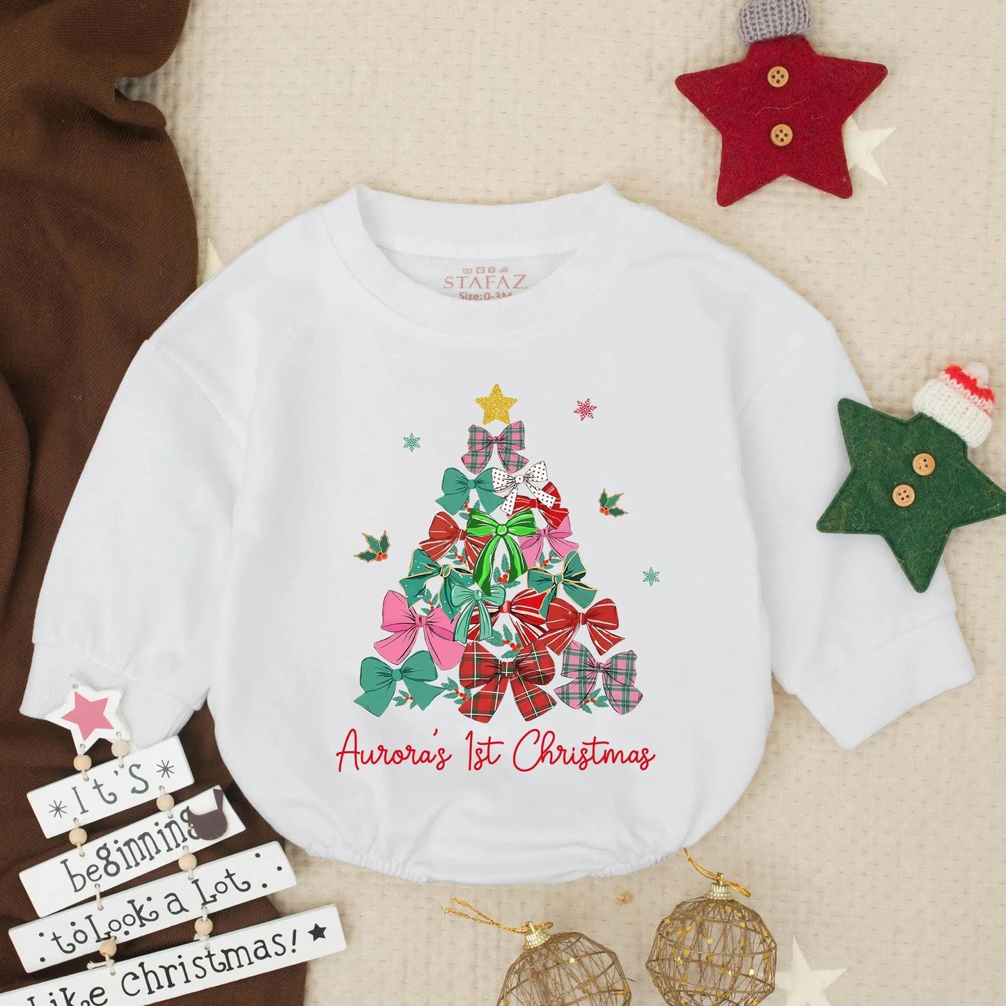 Aurora's 1st Christmas Romper: Festive Baby Girl Outfit with Bow Tree, Personalized First Xmas Gift, Holiday Bodysuit, Infant Clothes, Cute Newborn Present