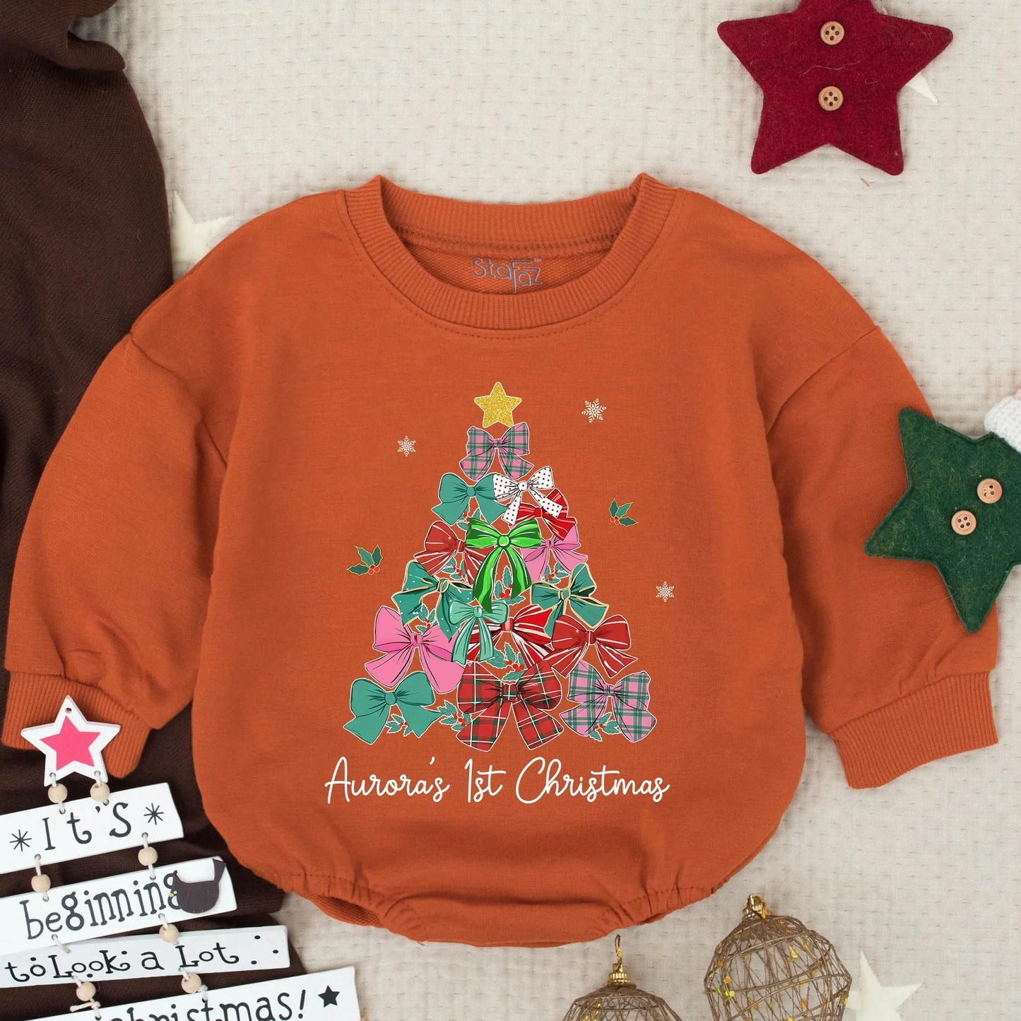 Aurora's 1st Christmas Romper: Festive Baby Girl Outfit with Bow Tree, Personalized First Xmas Gift, Holiday Bodysuit, Infant Clothes, Cute Newborn Present