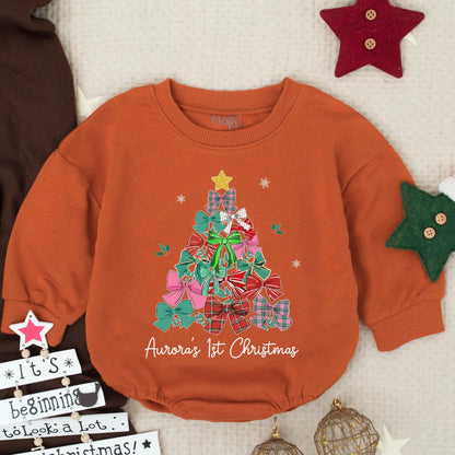 Aurora's 1st Christmas Romper: Festive Baby Girl Outfit with Bow Tree, Personalized First Xmas Gift, Holiday Bodysuit, Infant Clothes, Cute Newborn Present