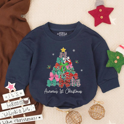 Aurora's 1st Christmas Romper: Festive Baby Girl Outfit with Bow Tree, Personalized First Xmas Gift, Holiday Bodysuit, Infant Clothes, Cute Newborn Present