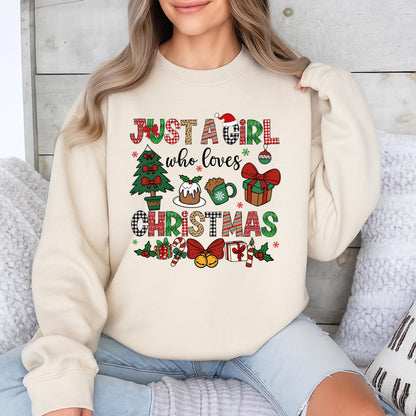 Just A Girl Who Loves Christmas Sweatshirt Festive Holiday Tee with Plaid Reindeer Candy Cane Designs for Women and Kids A Perfect Xmas Gift Idea