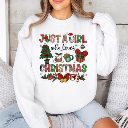 Just A Girl Who Loves Christmas Sweatshirt Festive Holiday Tee with Plaid Reindeer Candy Cane Designs for Women and Kids A Perfect Xmas Gift Idea