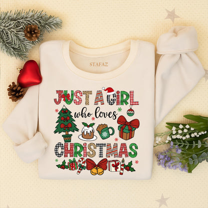 Just A Girl Who Loves Christmas Sweatshirt Festive Holiday Tee with Plaid Reindeer Candy Cane Designs for Women and Kids A Perfect Xmas Gift Idea