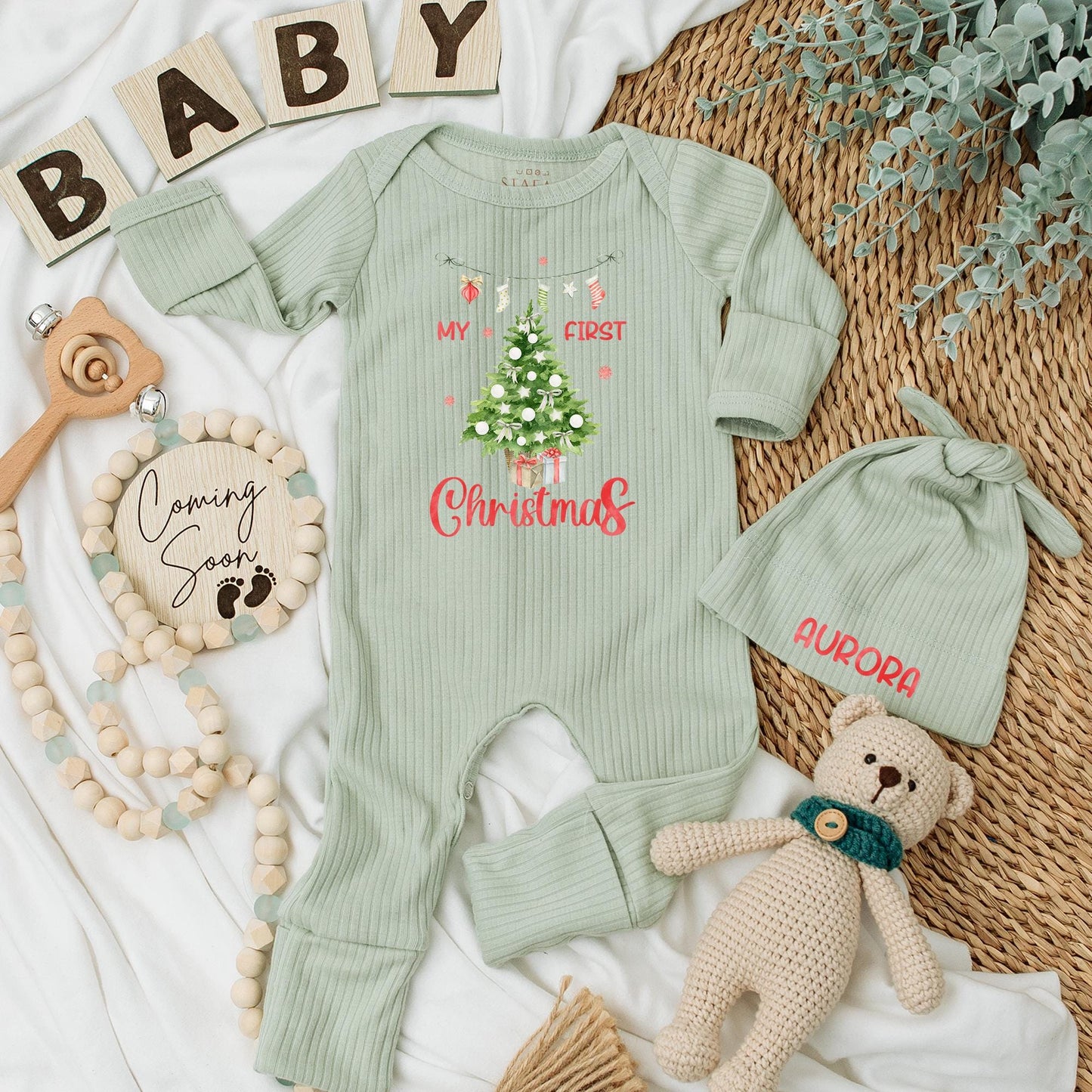 My First Christmas Baby Bodysuit Newborn Outfit a festive Christmas Tree design with cute stockings and custom 1st Xmas celebration gift.