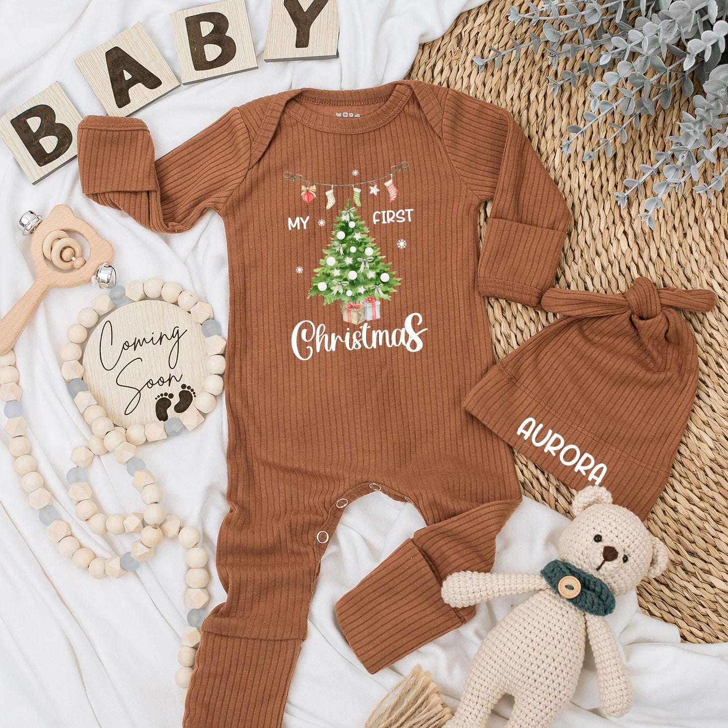 My First Christmas Baby Bodysuit Newborn Outfit a festive Christmas Tree design with cute stockings and custom 1st Xmas celebration gift.
