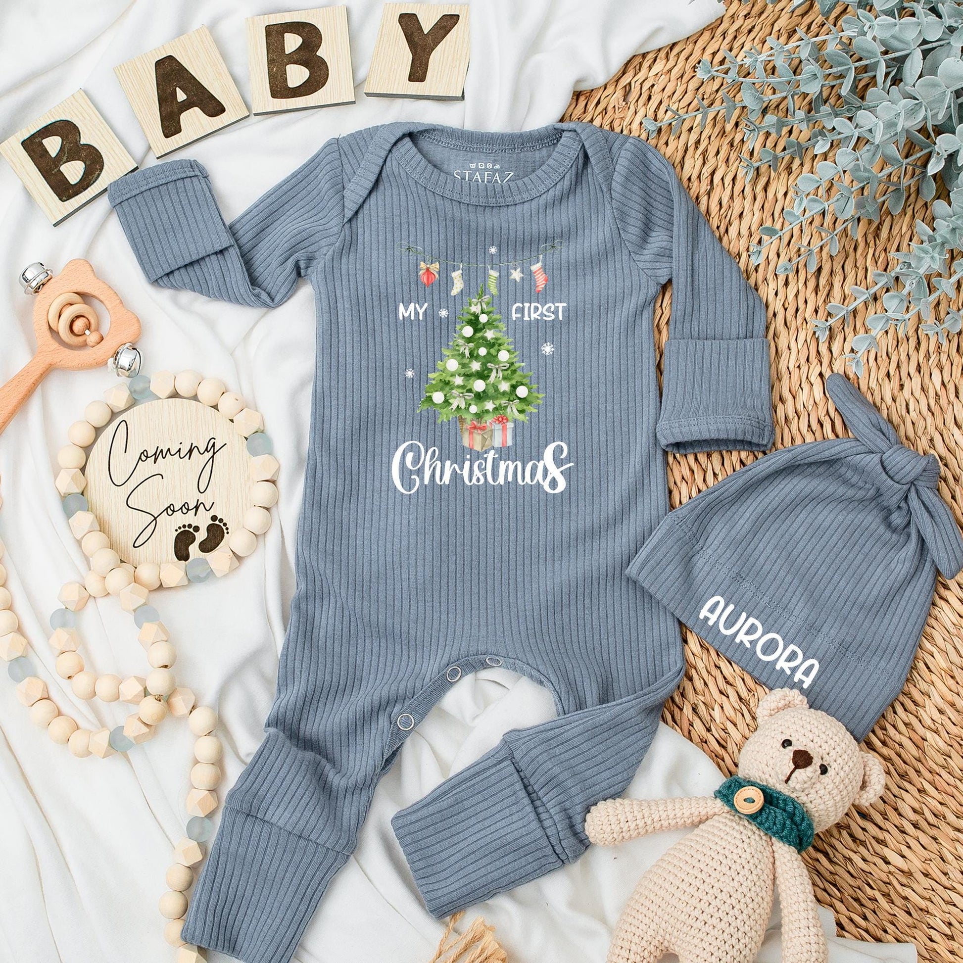 My First Christmas Baby Bodysuit Newborn Outfit a festive Christmas Tree design with cute stockings and custom 1st Xmas celebration gift.
