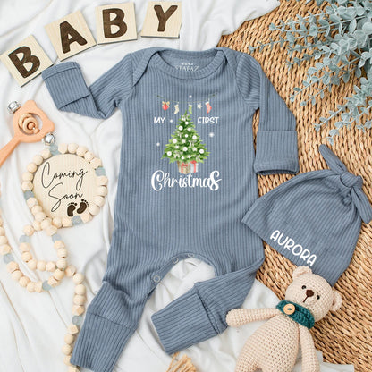 My First Christmas Baby Bodysuit Newborn Outfit a festive Christmas Tree design with cute stockings and custom 1st Xmas celebration gift.