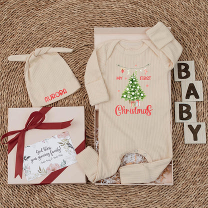 My First Christmas Baby Bodysuit Newborn Outfit a festive Christmas Tree design with cute stockings and custom 1st Xmas celebration gift.