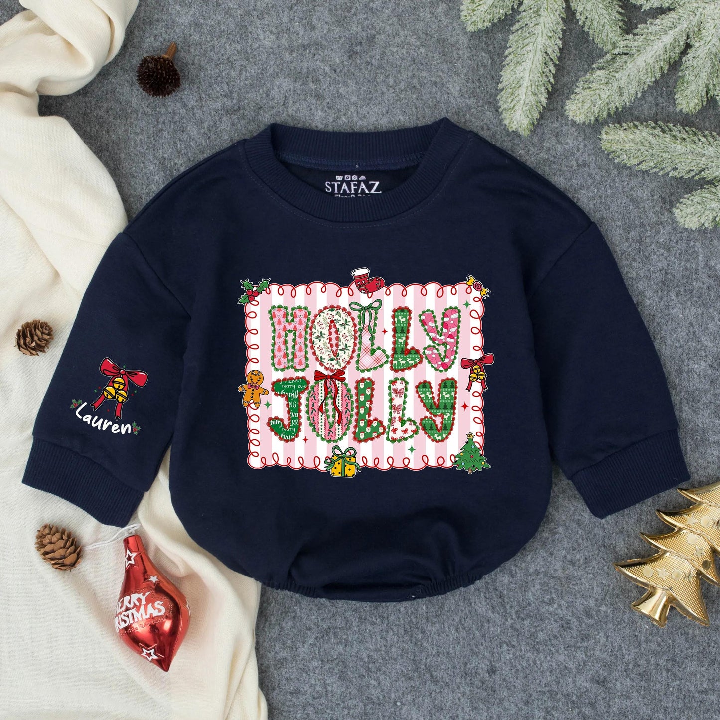 Personalized Holly Jolly Baby Bubble Romper First Christmas Girl Outfit Toddler Bodysuit Winter Shower Gift Comfortable Soft Cotton Clothes