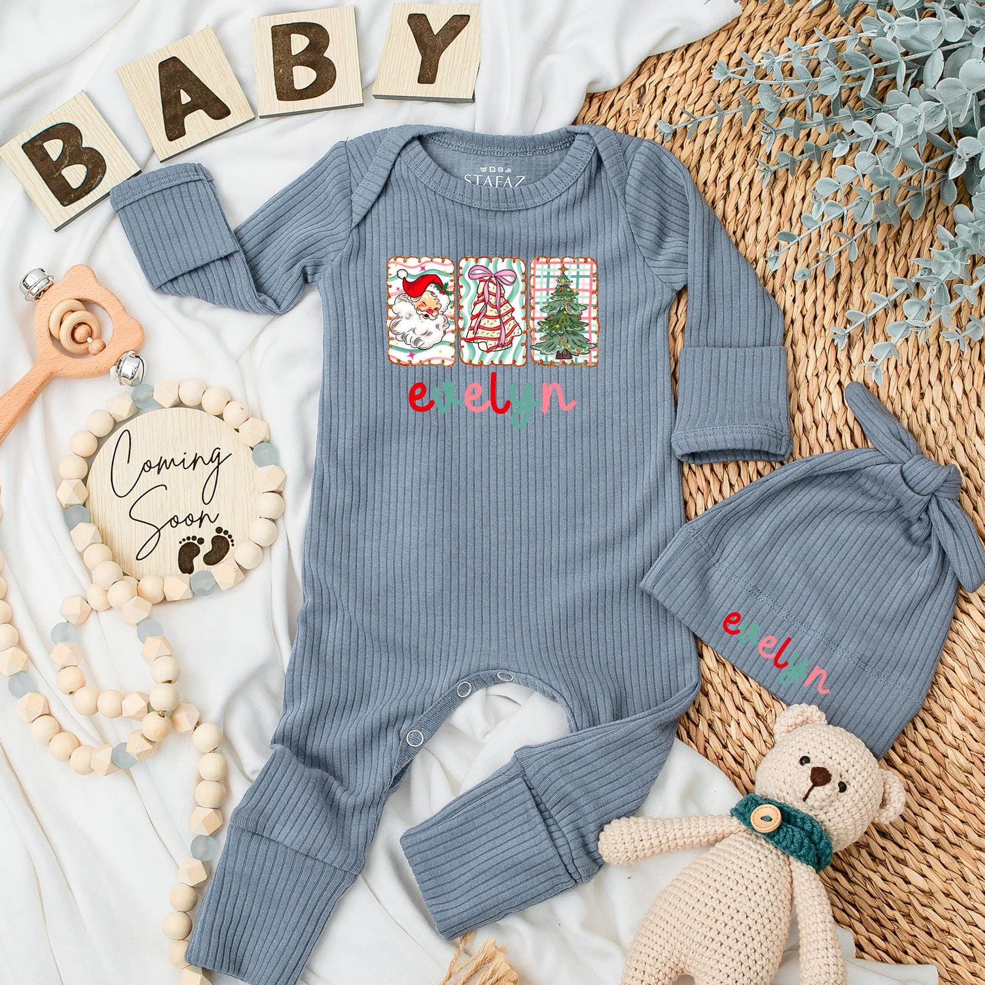 Evelyn Custom Christmas Baby Bodysuit Santa Cookies Tree Red Pink Teal Swirls Baby Shower Gift Newborn Clothes First Christmas