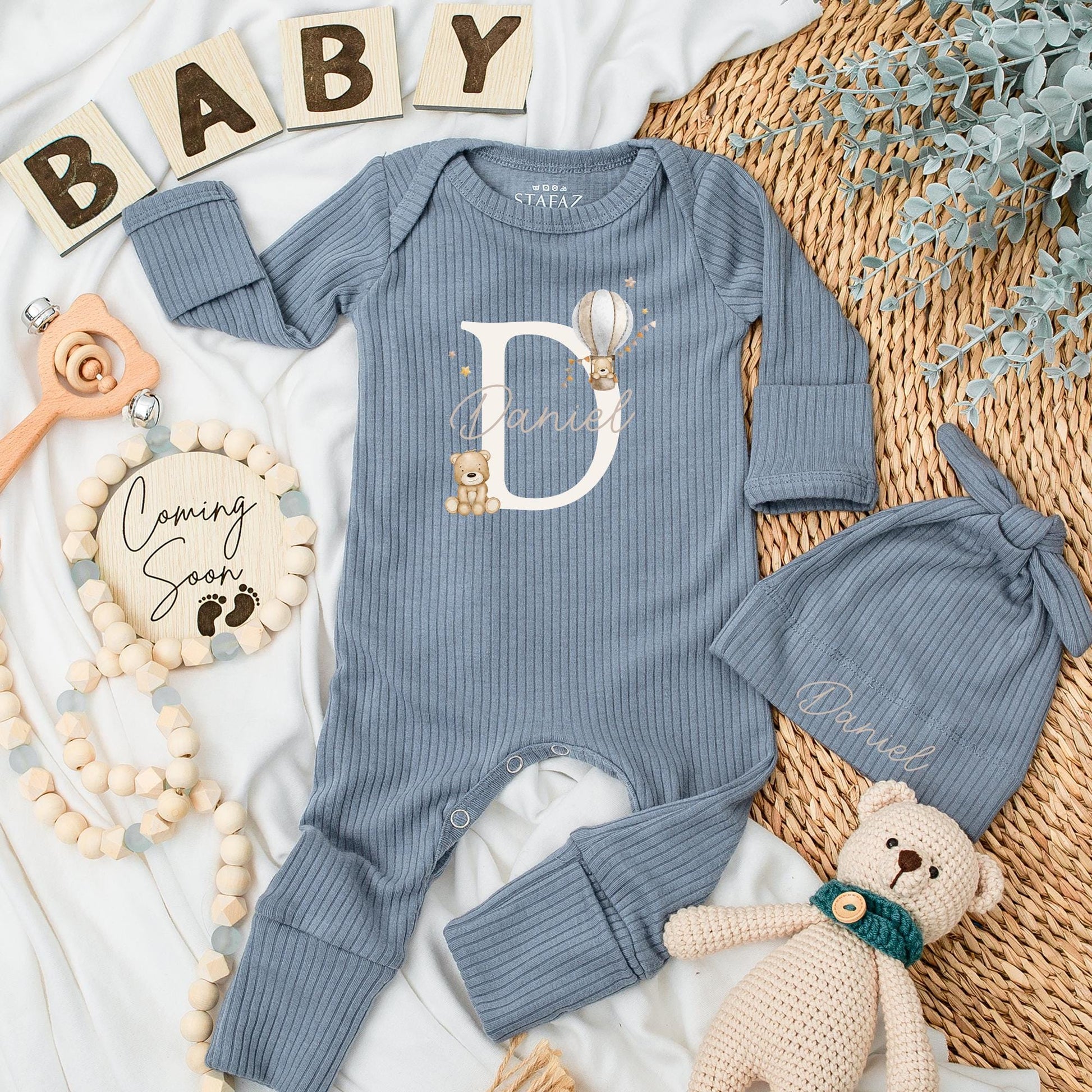 Personalized Baby Romper Hat Set Daniel Name, Gender Neutral D Letter Teddy Bear Hot Air Balloon Newborn Coming Home Hospital Bodysuit Shower Gift