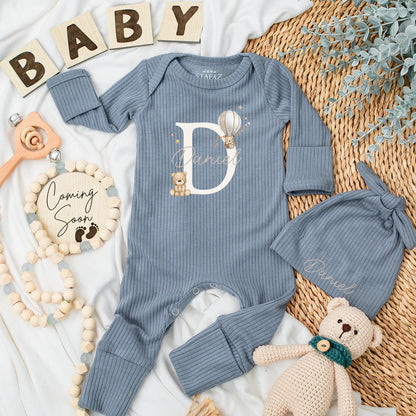 Personalized Baby Romper Hat Set Daniel Name, Gender Neutral D Letter Teddy Bear Hot Air Balloon Newborn Coming Home Hospital Bodysuit Shower Gift
