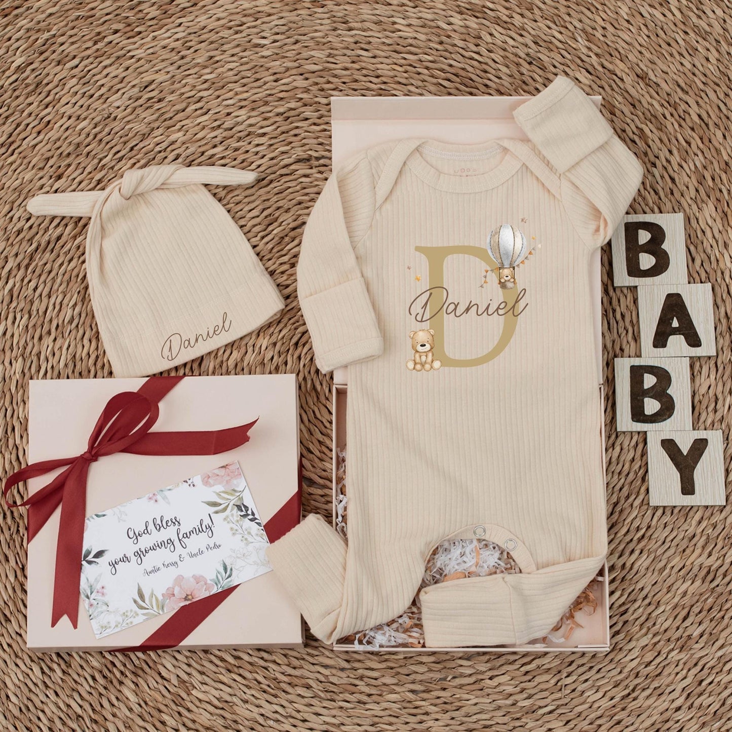 Personalized Baby Romper Hat Set Daniel Name, Gender Neutral D Letter Teddy Bear Hot Air Balloon Newborn Coming Home Hospital Bodysuit Shower Gift