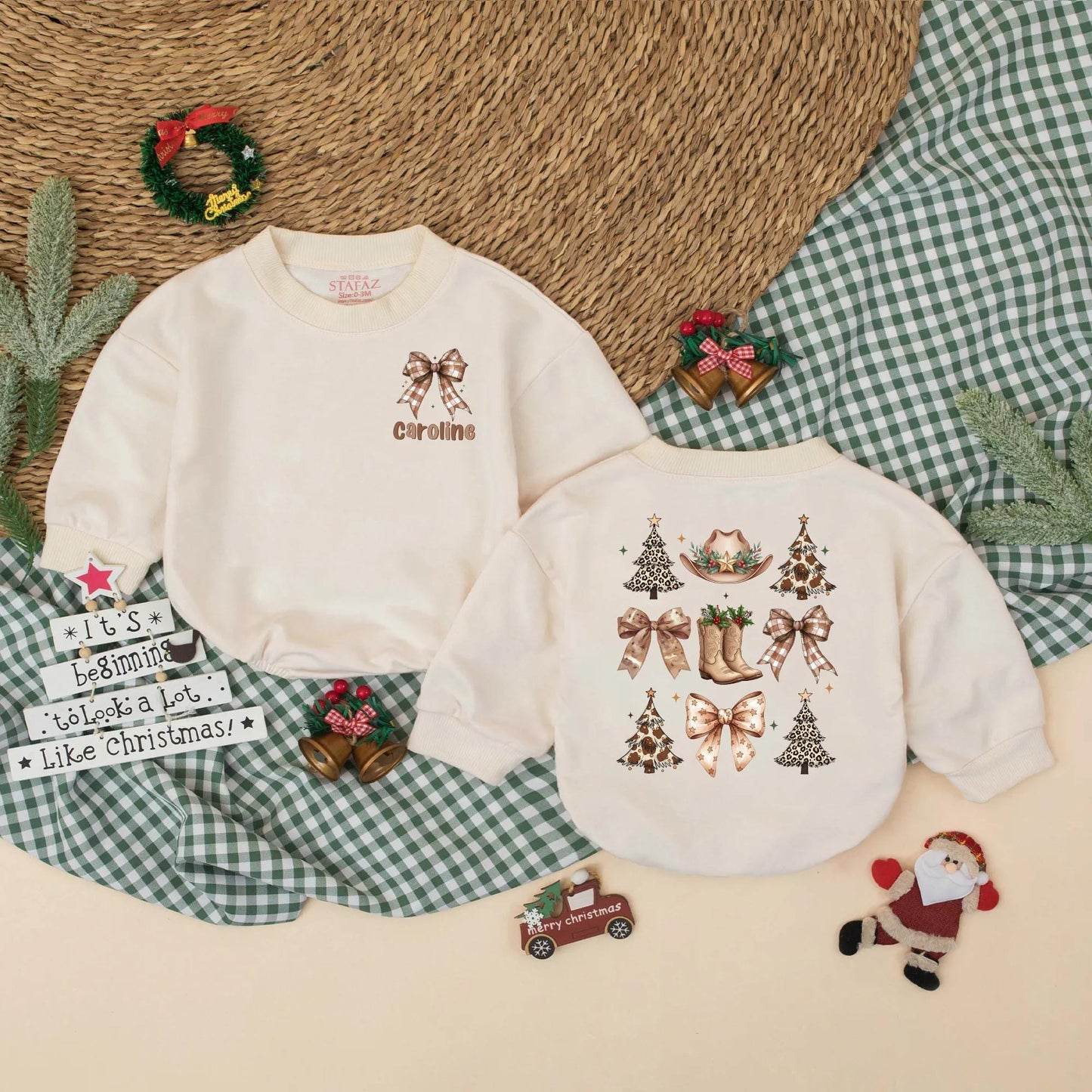 Personalized Western Christmas Romper, Caroline's 1st Xmas Bodysuit, Cowgirl Holiday Outfit, Vintage Baby Clothes, Brown Plaid Bow & Leopard Xmas Tree Fun