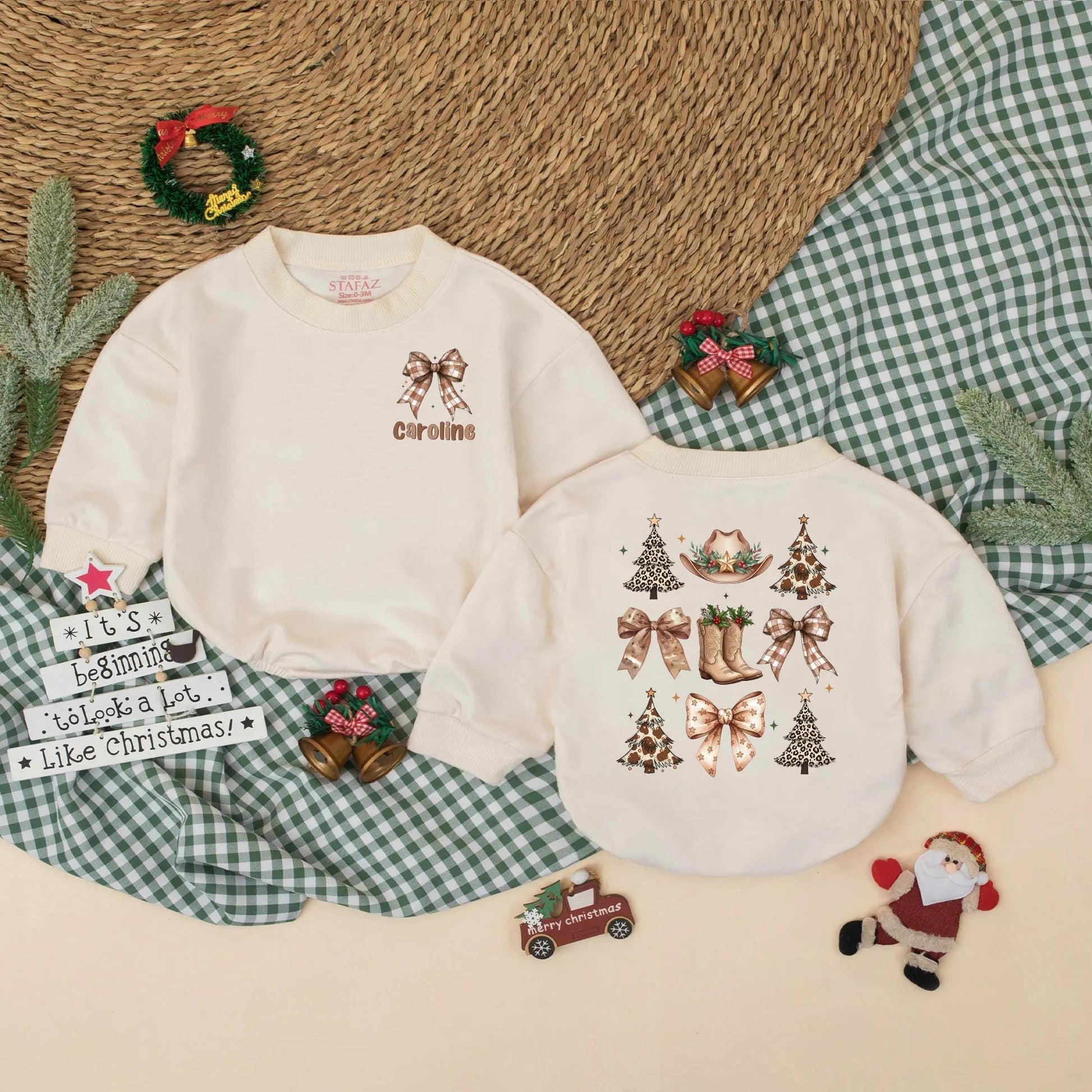 Personalized Western Christmas Romper, Caroline's 1st Xmas Bodysuit, Cowgirl Holiday Outfit, Vintage Baby Clothes, Brown Plaid Bow & Leopard Xmas Tree Fun