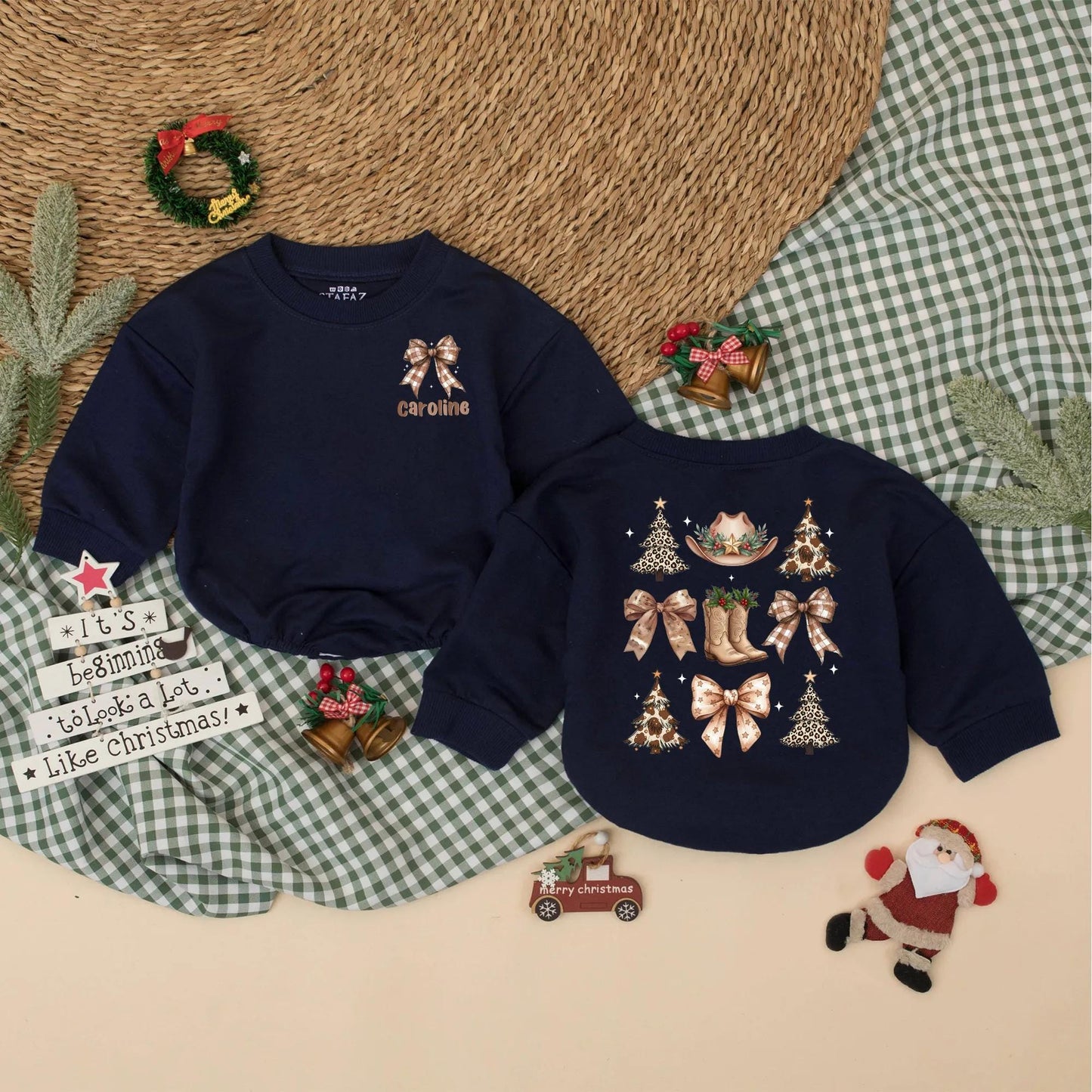 Personalized Western Christmas Romper, Caroline's 1st Xmas Bodysuit, Cowgirl Holiday Outfit, Vintage Baby Clothes, Brown Plaid Bow & Leopard Xmas Tree Fun