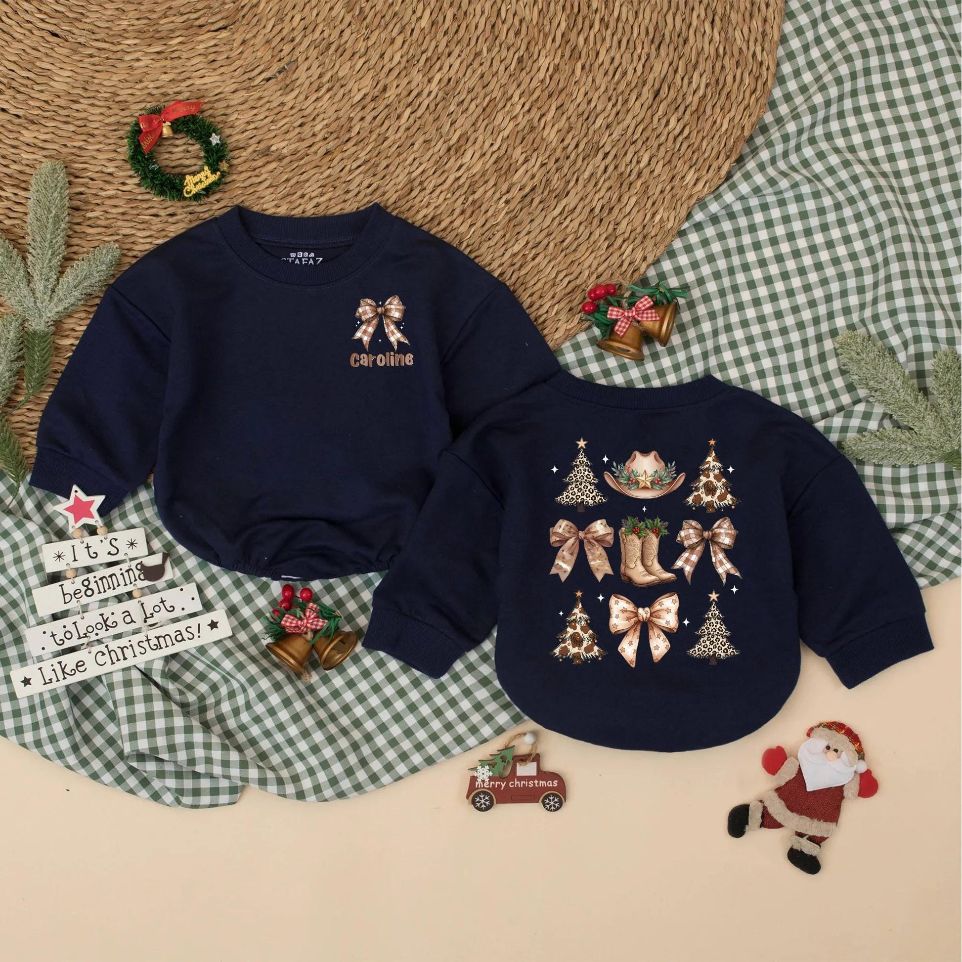 Personalized Western Christmas Romper, Caroline's 1st Xmas Bodysuit, Cowgirl Holiday Outfit, Vintage Baby Clothes, Brown Plaid Bow & Leopard Xmas Tree Fun