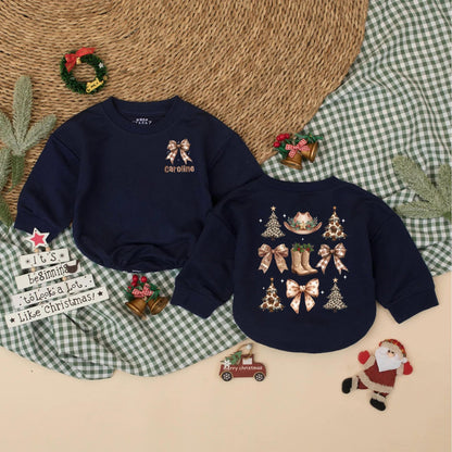Personalized Western Christmas Romper, Caroline's 1st Xmas Bodysuit, Cowgirl Holiday Outfit, Vintage Baby Clothes, Brown Plaid Bow & Leopard Xmas Tree Fun
