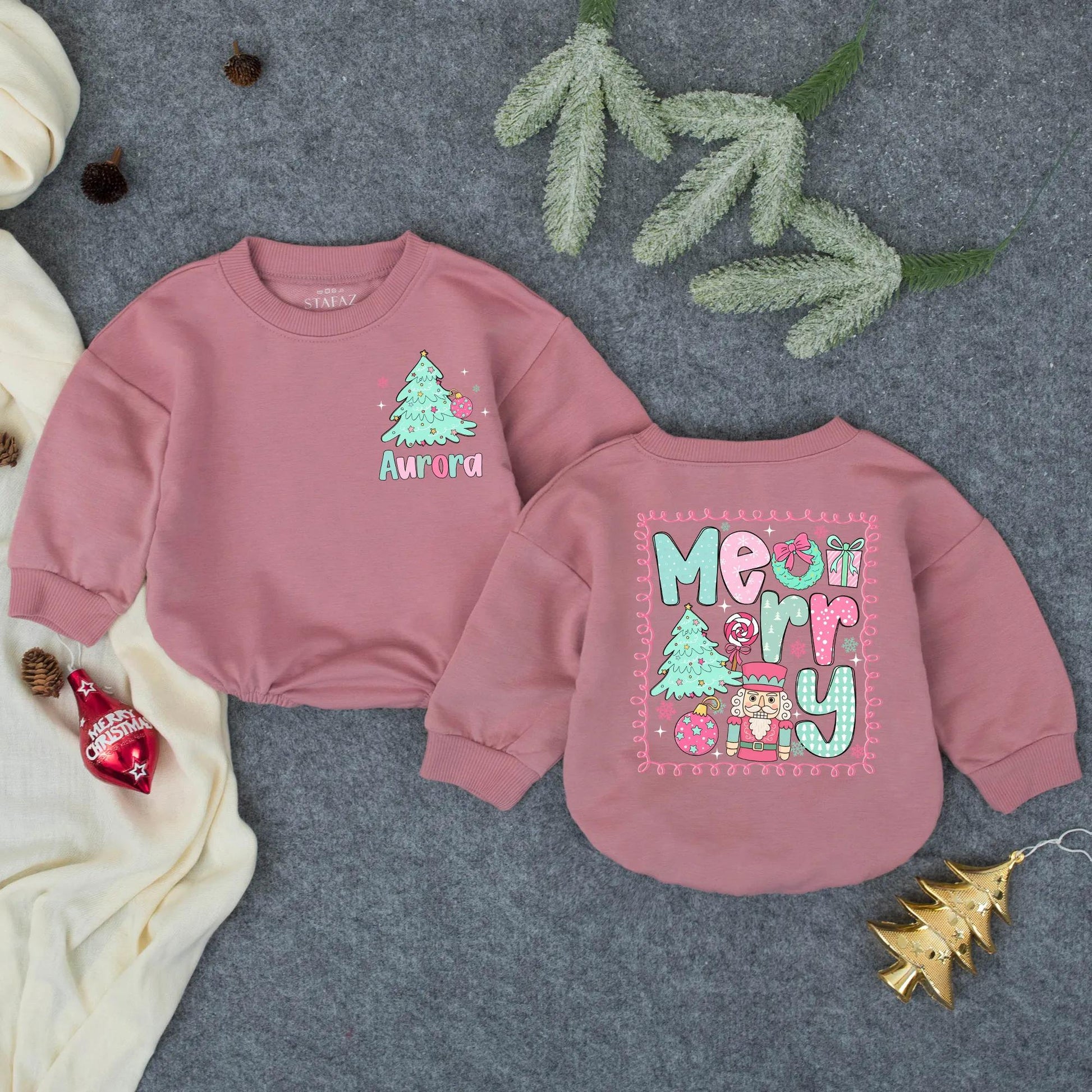 Personalized Aurora Christmas Romper: Merry Tree Bodysuit, Festive Infant Outfit, Custom Holiday Baby Clothes, Whimsical Toddler Gift, Teal & Pink (139)