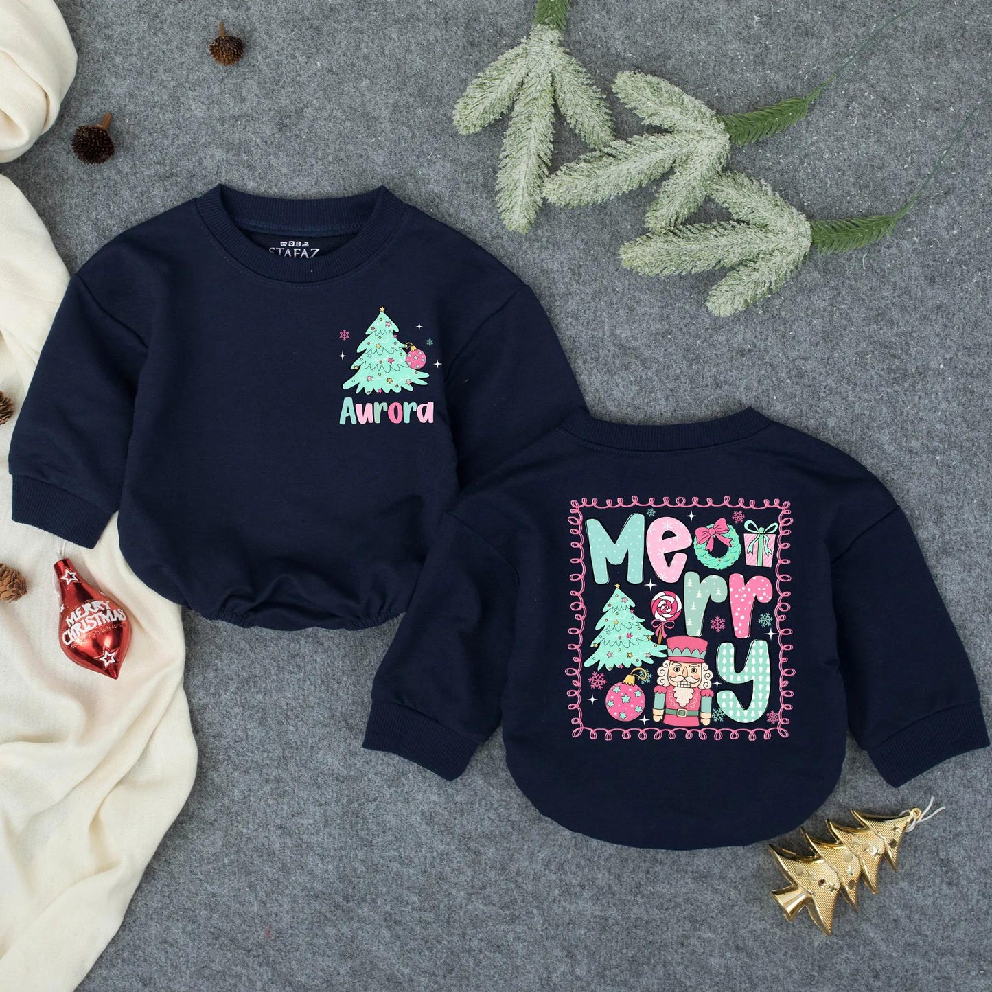 Personalized Aurora Christmas Romper: Merry Tree Bodysuit, Festive Infant Outfit, Custom Holiday Baby Clothes, Whimsical Toddler Gift, Teal & Pink (139)