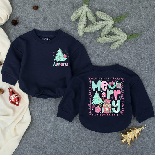 Personalized Aurora Christmas Romper: Merry Tree Bodysuit, Festive Infant Outfit, Custom Holiday Baby Clothes, Whimsical Toddler Gift, Teal & Pink (139)