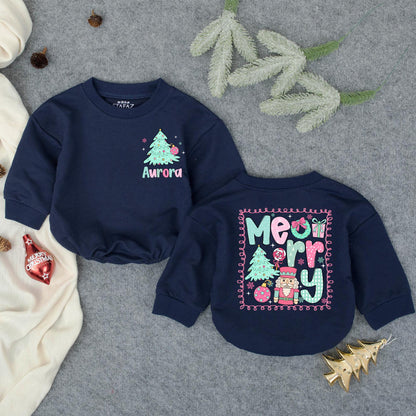 Personalized Aurora Christmas Romper: Merry Tree Bodysuit, Festive Infant Outfit, Custom Holiday Baby Clothes, Whimsical Toddler Gift, Teal & Pink (139)