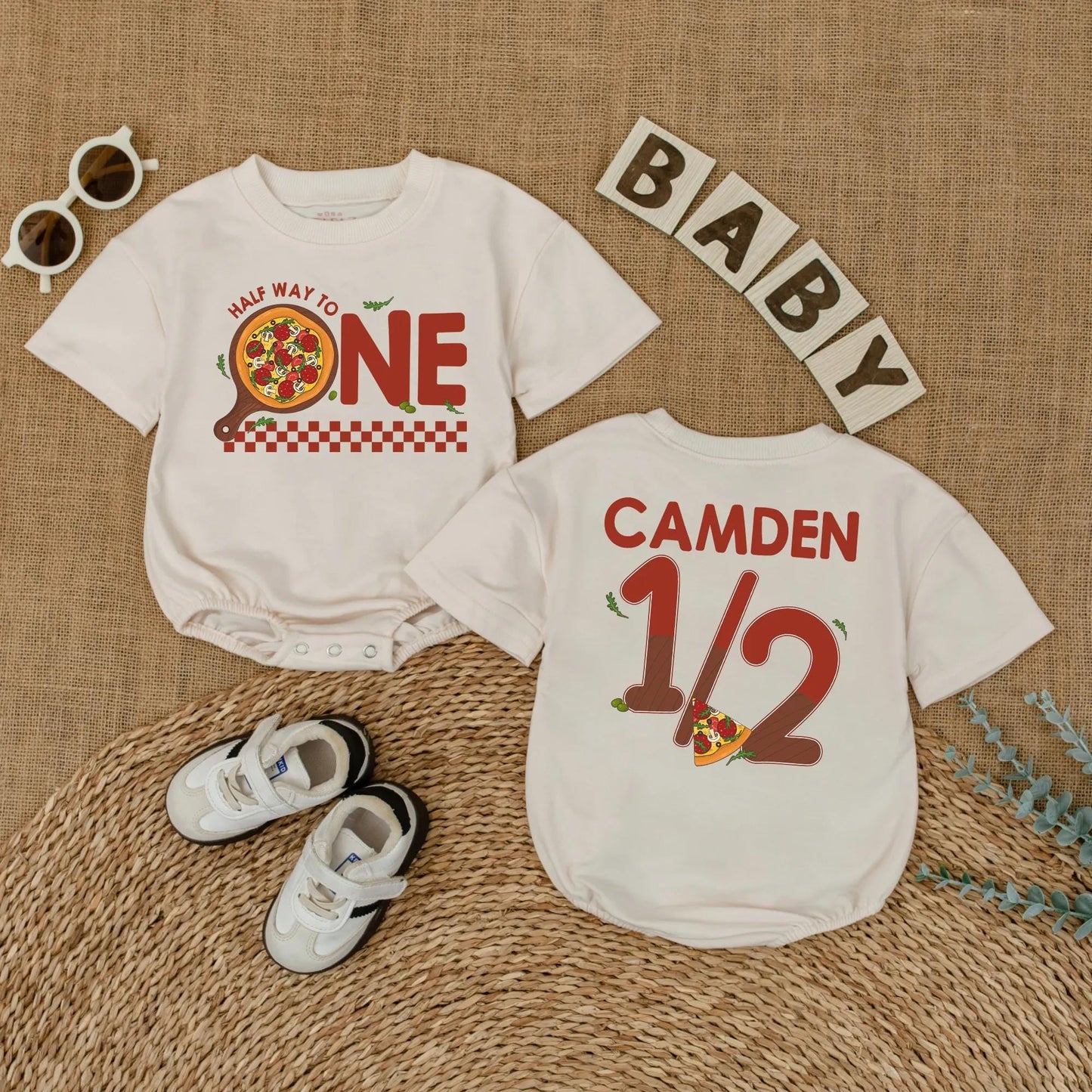 Pizza My Heart 1/2 Birthday Outfit, Custom Camden Romper Set, Adorable Six Month Milestone, Checkered Baby Boy Bodysuit, Half Way To One, Gift Idea