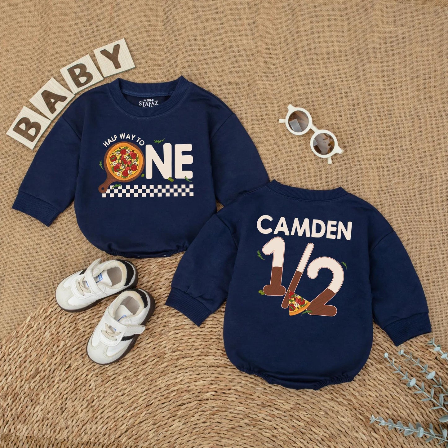 Pizza My Heart 1/2 Birthday Outfit, Custom Camden Romper Set, Adorable Six Month Milestone, Checkered Baby Boy Bodysuit, Half Way To One, Gift Idea