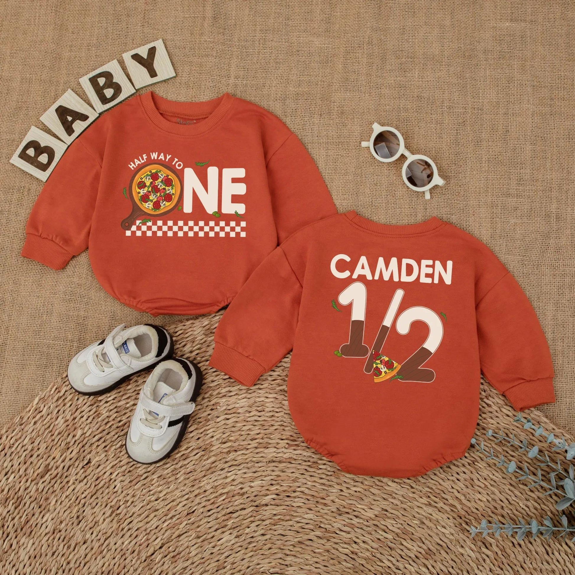Pizza My Heart 1/2 Birthday Outfit, Custom Camden Romper Set, Adorable Six Month Milestone, Checkered Baby Boy Bodysuit, Half Way To One, Gift Idea