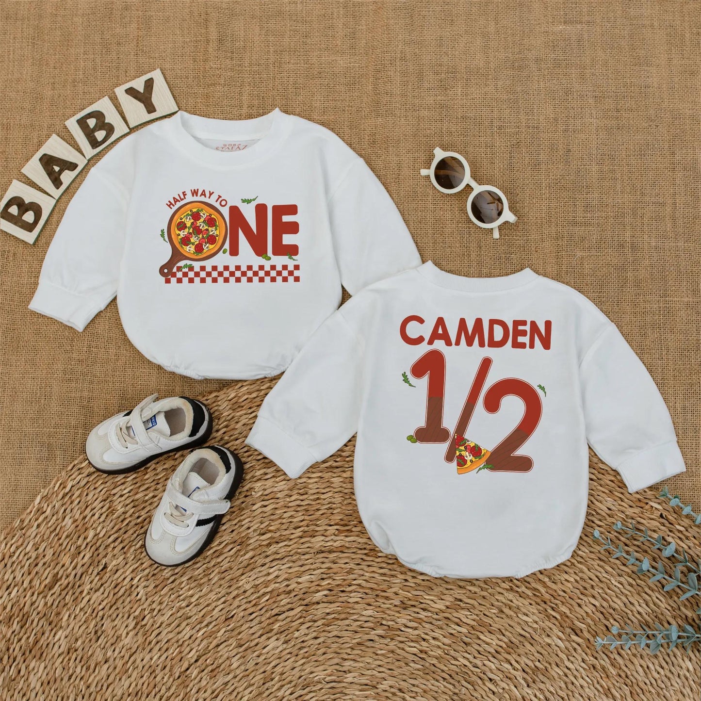 Pizza My Heart 1/2 Birthday Outfit, Custom Camden Romper Set, Adorable Six Month Milestone, Checkered Baby Boy Bodysuit, Half Way To One, Gift Idea