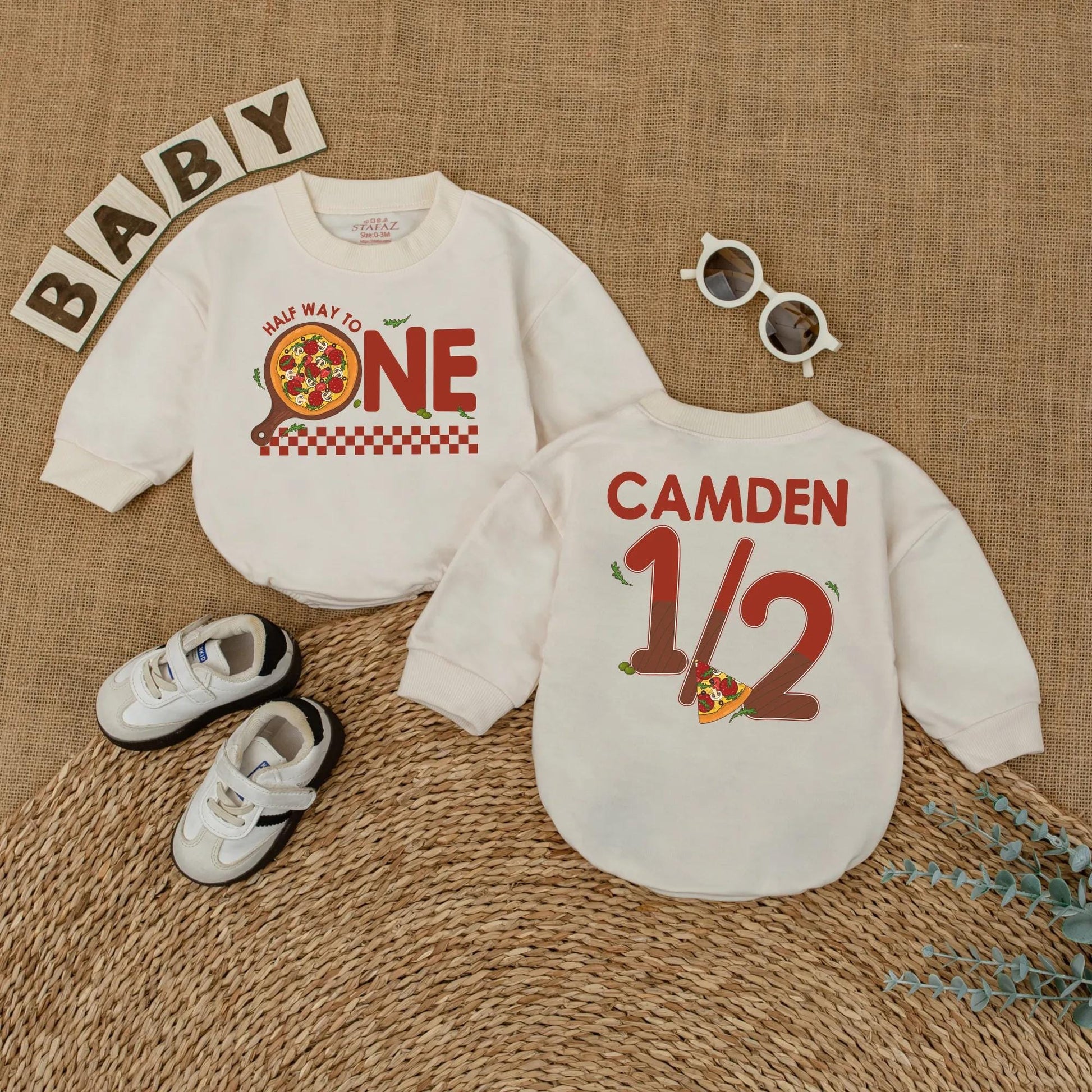 Pizza My Heart 1/2 Birthday Outfit, Custom Camden Romper Set, Adorable Six Month Milestone, Checkered Baby Boy Bodysuit, Half Way To One, Gift Idea