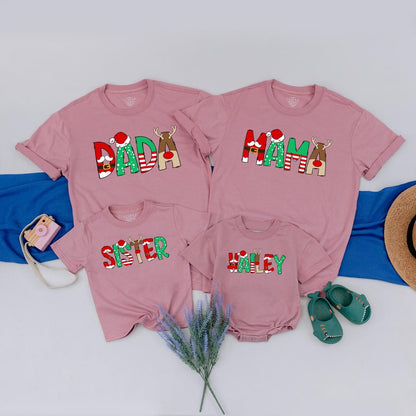 Matching Family Christmas Shirts with Custom Santa Letter Block Designs Holiday Red Green Antler Tees Baby Romper Festive Gift